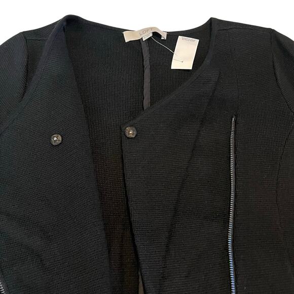 LOFT Black Wool Blend Moto Sweater Jacket Asymmetrical Zip Cardigan Workwear - Picture 6 of 11